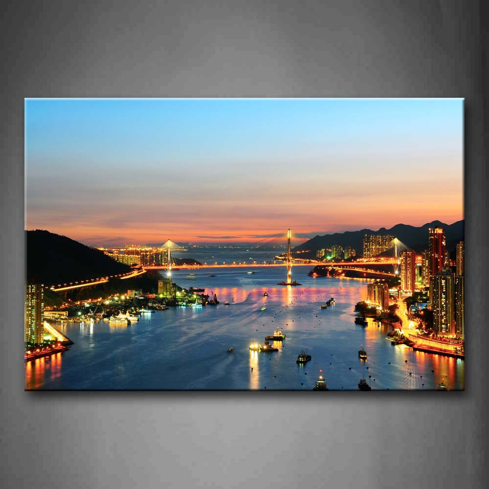 Long Bridge Above Calm Water In City With Bright Buildings Wall Art Painting The Picture Print On Canvas City Pictures For Home Decor Decoration Gift 