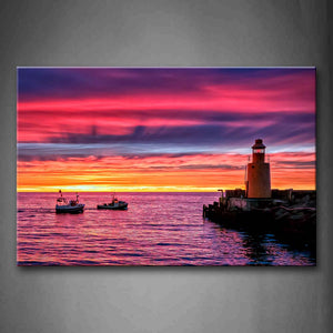 Colorful Sunset Glow Boats Over River Lighthouse Wall Art Painting Pictures Print On Canvas City The Picture For Home Modern Decoration 