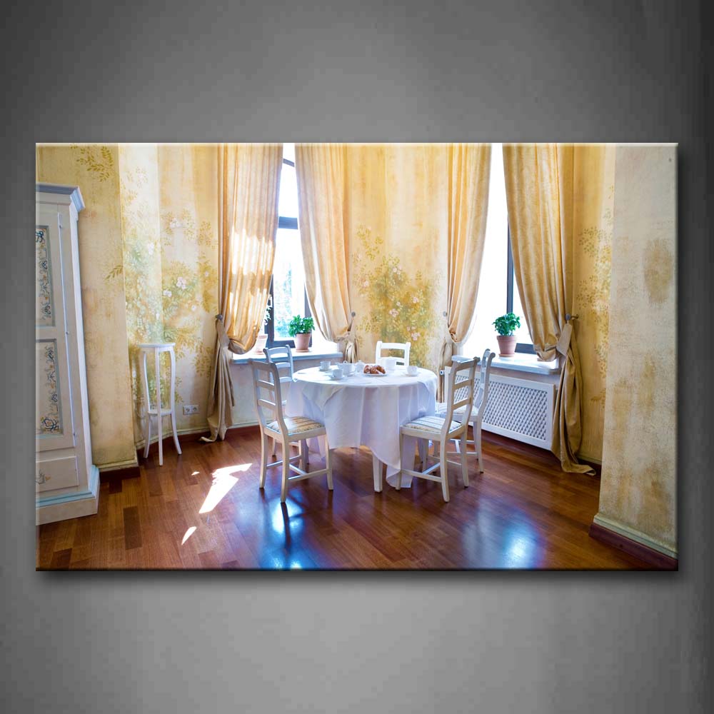 Golden Curtains Wooden Floor Chairs And Table In The Room Wall Art Painting The Picture Print On Canvas City Pictures For Home Decor Decoration Gift 