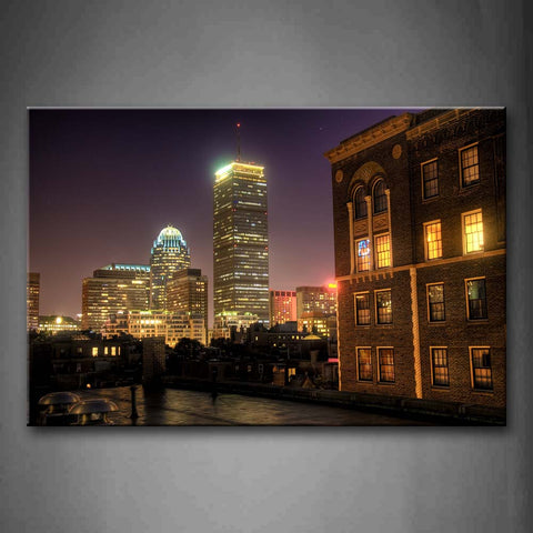 Tall Buildings With Bright Light At Night Wall Art Painting Pictures Print On Canvas City The Picture For Home Modern Decoration 