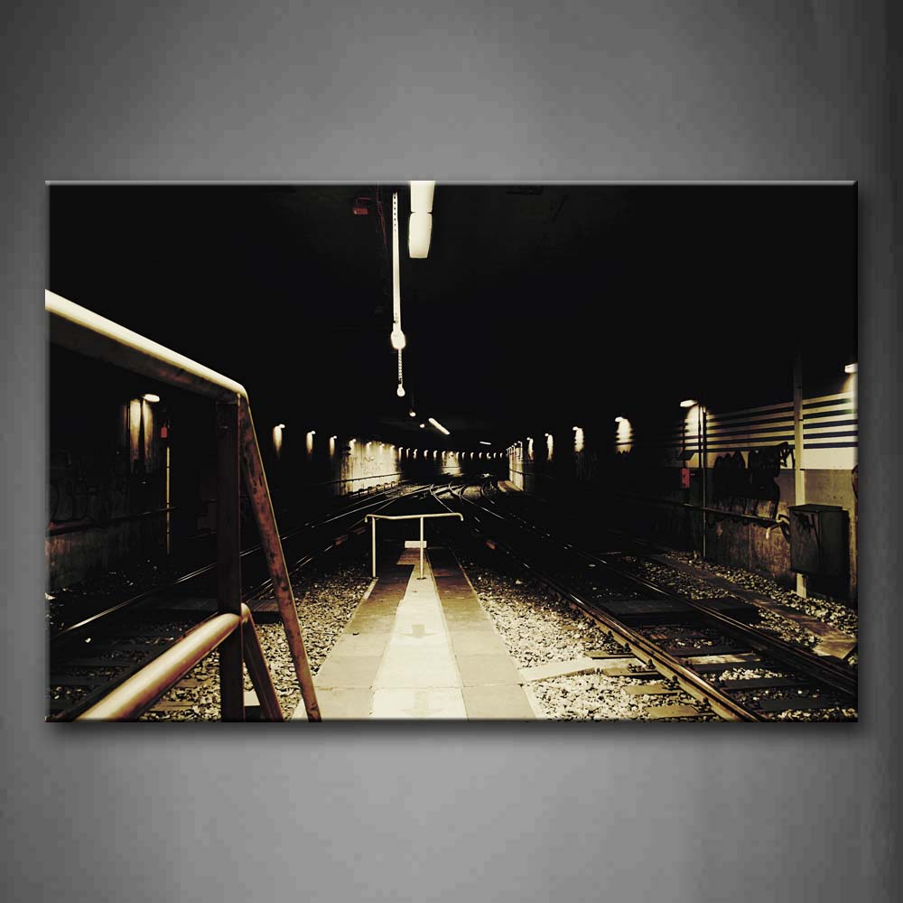 Dark Tunnel With Track Of Train With Weak Light Wall Art Painting Pictures Print On Canvas City The Picture For Home Modern Decoration 