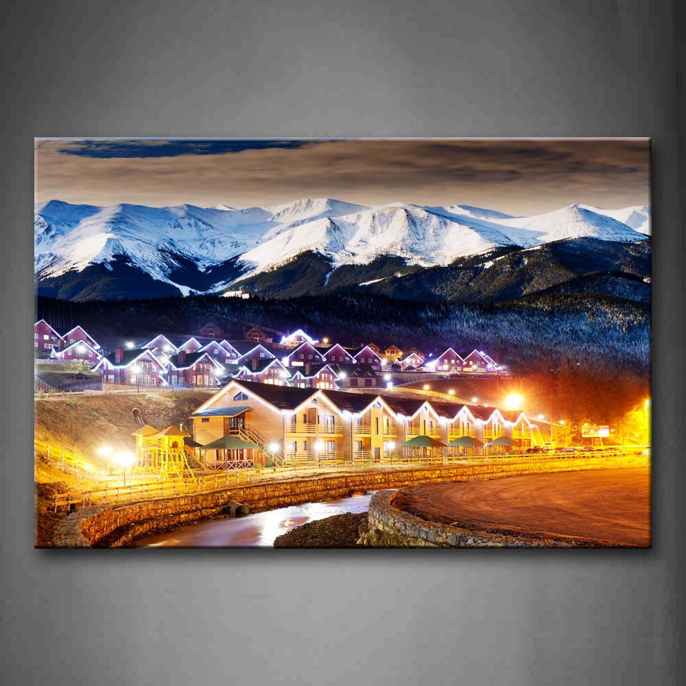 Bright Houses Under Snow Mountain Near River Wall Art Painting Pictures Print On Canvas City The Picture For Home Modern Decoration 