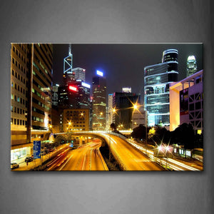 Hong Kong Roads Between High Buildings At Night Wall Art Painting Pictures Print On Canvas City The Picture For Home Modern Decoration 