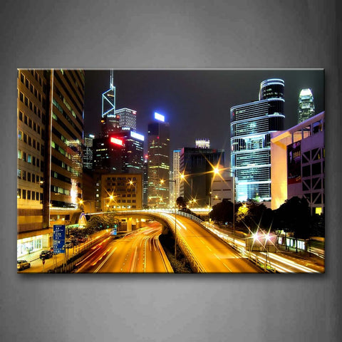 Hong Kong Roads Between High Buildings At Night Wall Art Painting Pictures Print On Canvas City The Picture For Home Modern Decoration 