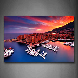 Monaco City On Coastline And Boat On Sea Sunset Glow Wall Art Painting The Picture Print On Canvas City Pictures For Home Decor Decoration Gift 