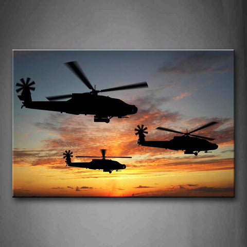 Three Helicopters Fly In Sky Sunset Glow Wall Art Painting The Picture Print On Canvas Aircraft Pictures For Home Decor Decoration Gift 