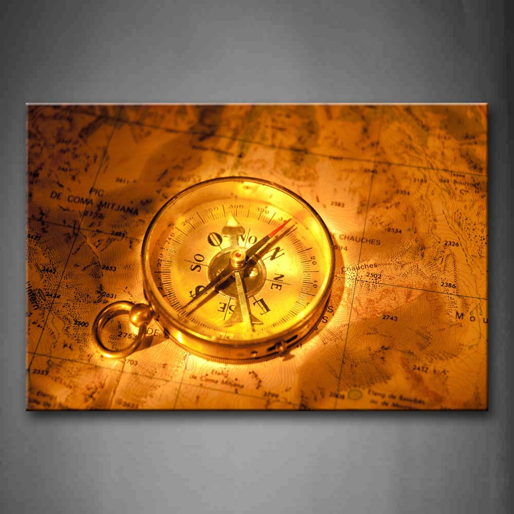 Small Compass On The Map In Golden Wall Art Painting The Picture Print On Canvas Art Pictures For Home Decor Decoration Gift 