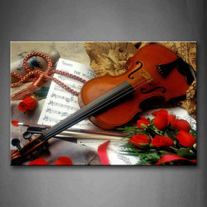Red Violin In Brown Book And Bunch Of Flowers Wall Art Painting The Picture Print On Canvas Music Pictures For Home Decor Decoration Gift 