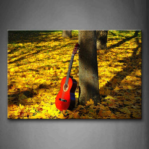 Guitar In Red Lean Against The Tree Wall Art Painting Pictures Print On Canvas Music The Picture For Home Modern Decoration 