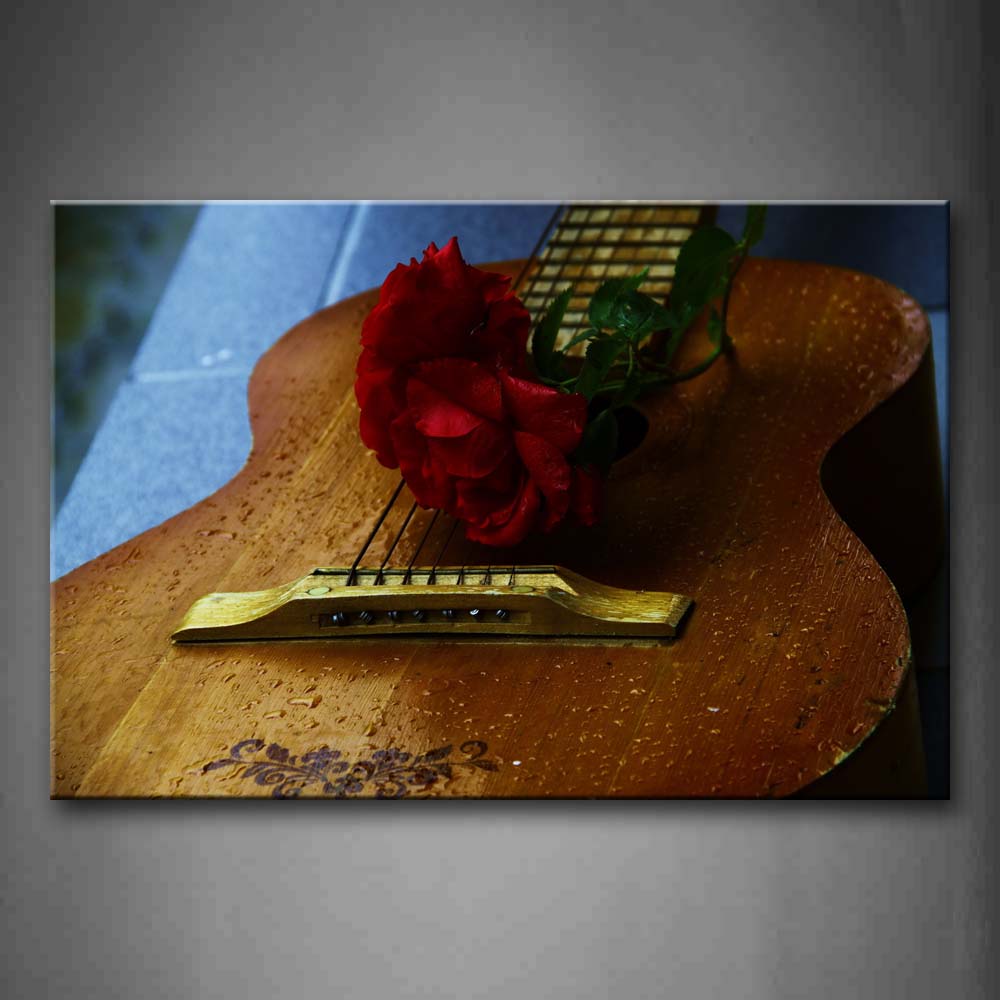 Water Drops On Guitar And Rose In Red Wall Art Painting Pictures Print On Canvas Music The Picture For Home Modern Decoration 