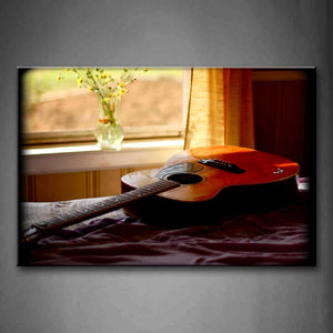 Vase In Window And Gitar In Brown Lies On Bed  Wall Art Painting The Picture Print On Canvas Music Pictures For Home Decor Decoration Gift 