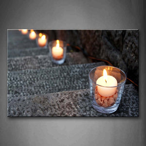 White Candles In Cups With Cobblestones On Stairs Wall Art Painting Pictures Print On Canvas Art The Picture For Home Modern Decoration 
