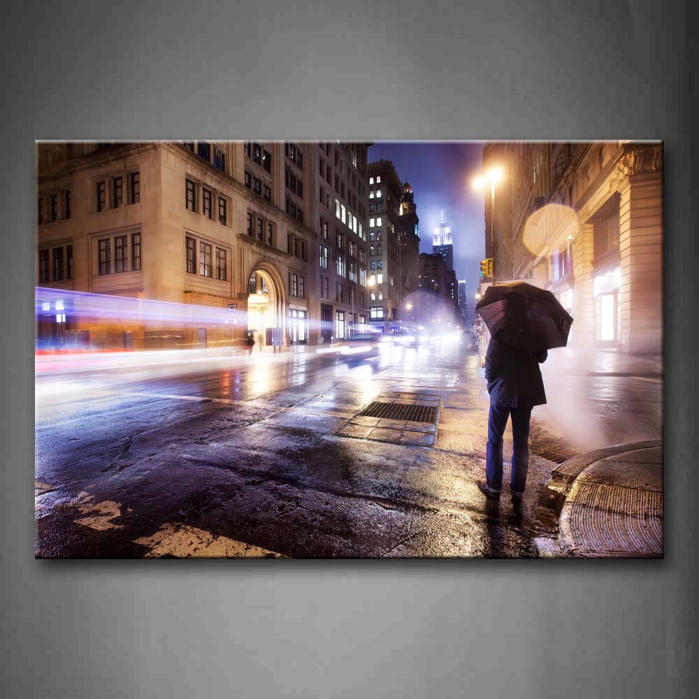 Quiet Street And Man With Unbrella At Night Wall Art Painting Pictures Print On Canvas City The Picture For Home Modern Decoration 