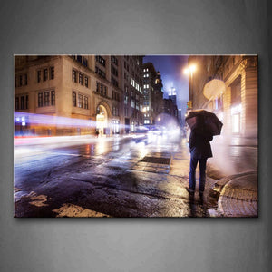 Quiet Street And Man With Unbrella At Night Wall Art Painting Pictures Print On Canvas City The Picture For Home Modern Decoration 