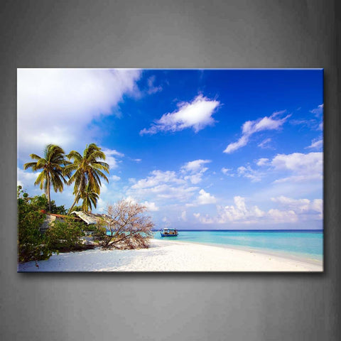 Palms Blue Sky And And Boat On Clear Water Wall Art Painting The Picture Print On Canvas Art Pictures For Home Decor Decoration Gift 