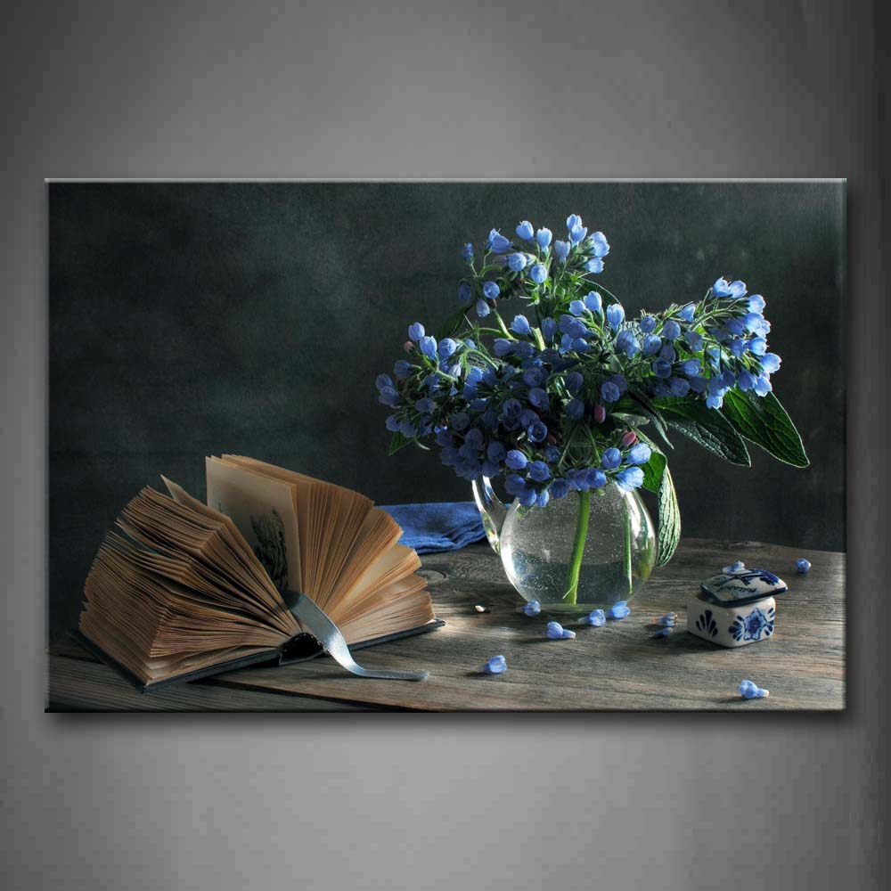 Thick Book And Little Blue Flowers In Vase Wall Art Painting Pictures Print On Canvas Art The Picture For Home Modern Decoration 