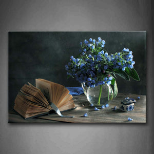 Thick Book And Little Blue Flowers In Vase Wall Art Painting Pictures Print On Canvas Art The Picture For Home Modern Decoration 