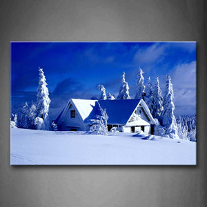 Blue Small House Trees With Snow Pield Up Wall Art Painting Pictures Print On Canvas Art The Picture For Home Modern Decoration 