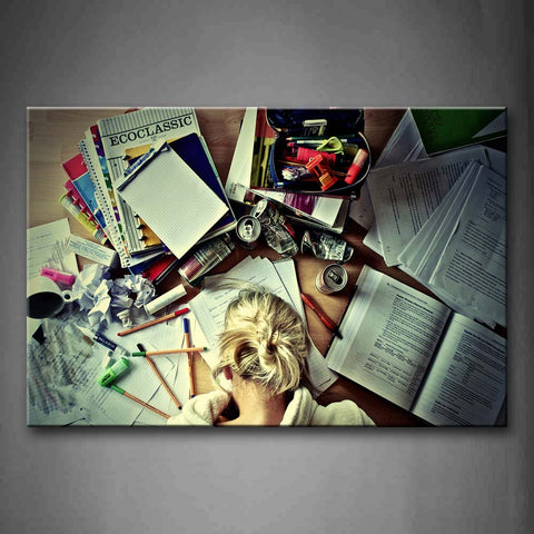 Woman Is Working With Messy Books Wall Art Painting Pictures Print On Canvas Art The Picture For Home Modern Decoration 