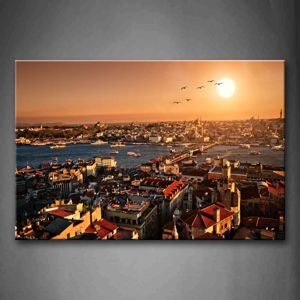 Bird Sun River And Intensive Buildings Wall Art Painting Pictures Print On Canvas City The Picture For Home Modern Decoration 