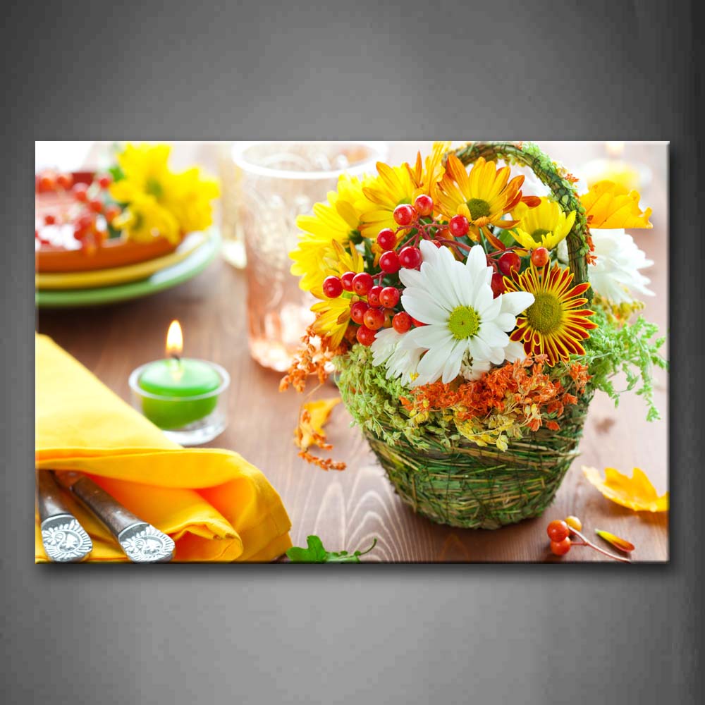 Kind Of Flowers In Basket Glass Candle On Table Wall Art Painting The Picture Print On Canvas Flower Pictures For Home Decor Decoration Gift 