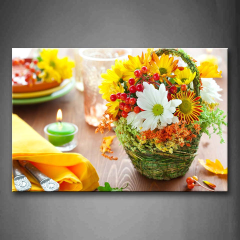Kind Of Flowers In Basket Glass Candle On Table Wall Art Painting The Picture Print On Canvas Flower Pictures For Home Decor Decoration Gift 
