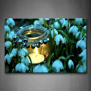 White Candel In Glass In Flowers Wall Art Painting Pictures Print On Canvas Art The Picture For Home Modern Decoration 