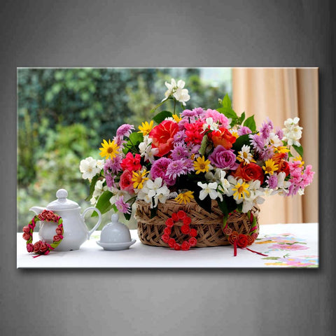 Various Flowers In The Backet And Cups Beasides Wall Art Painting Pictures Print On Canvas Flower The Picture For Home Modern Decoration 
