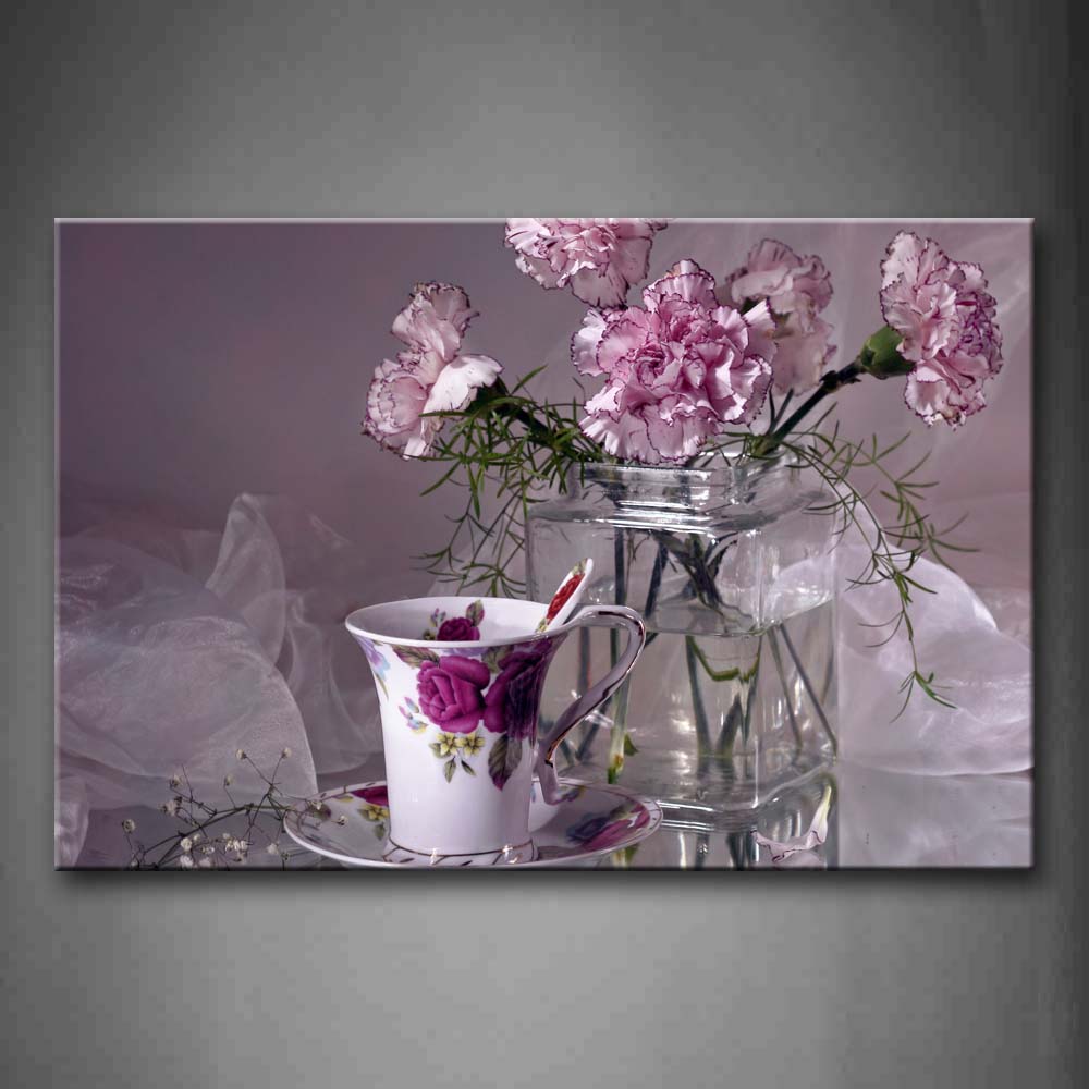 Beautiful Flowers In Pink And Cup On Desk Wall Art Painting Pictures Print On Canvas Flower The Picture For Home Modern Decoration 