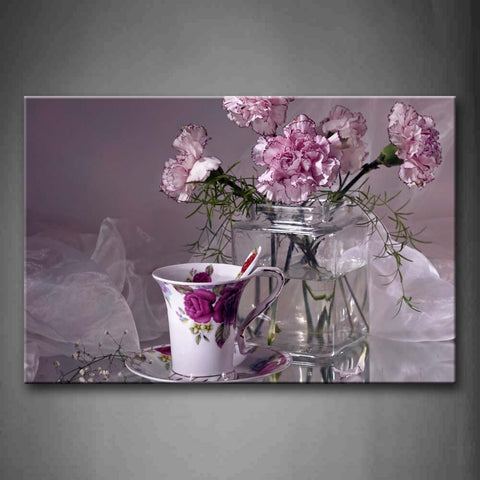 Beautiful Flowers In Pink And Cup On Desk Wall Art Painting Pictures Print On Canvas Flower The Picture For Home Modern Decoration 