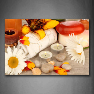 White Flowers Candles Cobblestones  Wall Art Painting Pictures Print On Canvas Art The Picture For Home Modern Decoration 