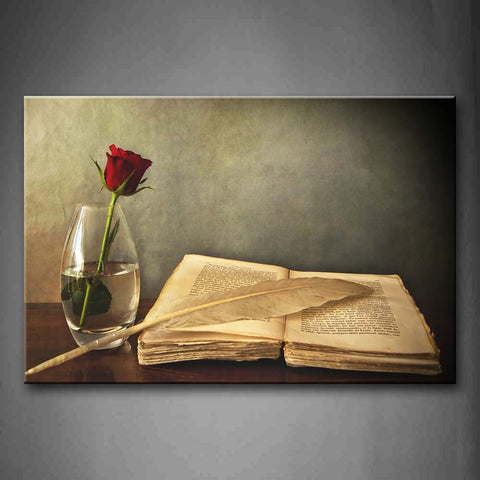 Feather Shabby Book And Red Rose In Cup Wall Art Painting Pictures Print On Canvas Art The Picture For Home Modern Decoration 