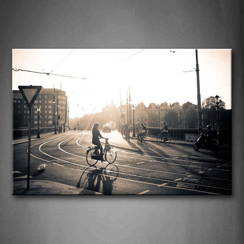 Buildings And Men Are Riding On Road  Wall Art Painting Pictures Print On Canvas City The Picture For Home Modern Decoration 