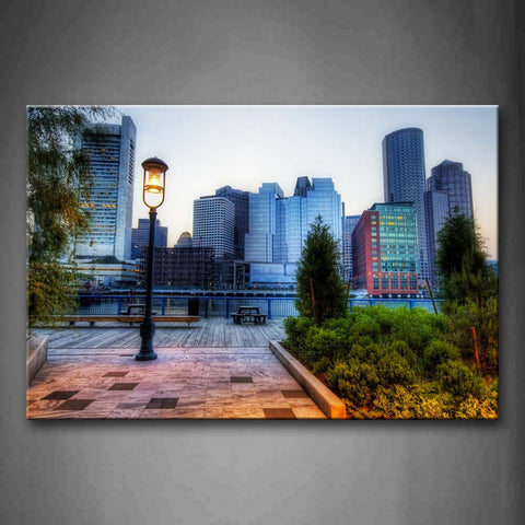 Tall Buildings Lamp And Plants Near Road Wall Art Painting The Picture Print On Canvas City Pictures For Home Decor Decoration Gift 