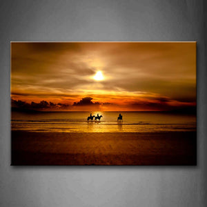 Gloden Sky And Men Rideing Horses On Beach Wall Art Painting Pictures Print On Canvas Seascape The Picture For Home Modern Decoration 