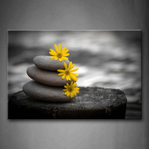 Three Flowers In Yellow And Stones On Wooden Wall Art Painting The Picture Print On Canvas Art Pictures For Home Decor Decoration Gift 