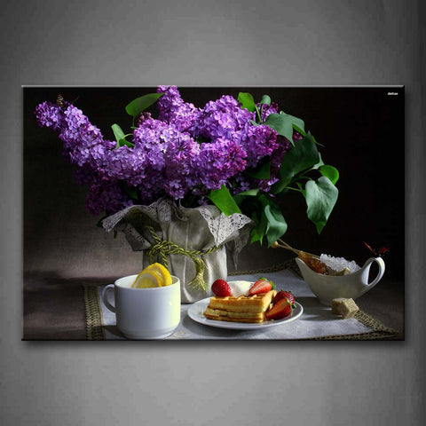 Pretty Flowers In Vase And Dessert On Table Wall Art Painting Pictures Print On Canvas Flower The Picture For Home Modern Decoration 