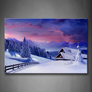 Cute Log Cabin Fence And Trees In Winter Wall Art Painting The Picture Print On Canvas City Pictures For Home Decor Decoration Gift 