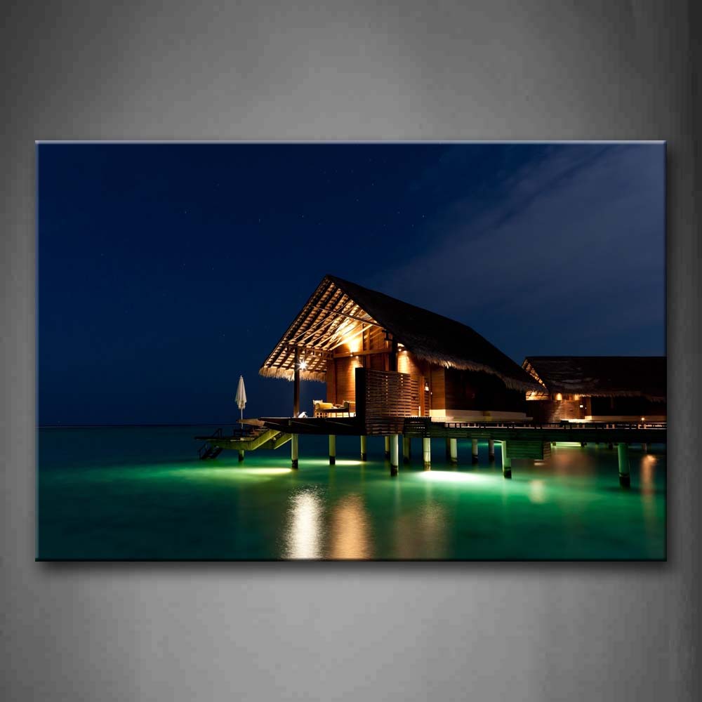 Log Cabin Above Lake At Night  Wall Art Painting The Picture Print On Canvas City Pictures For Home Decor Decoration Gift 