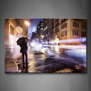 Man Holding Umbrella On The Street At Night Wall Art Painting Pictures Print On Canvas City The Picture For Home Modern Decoration 