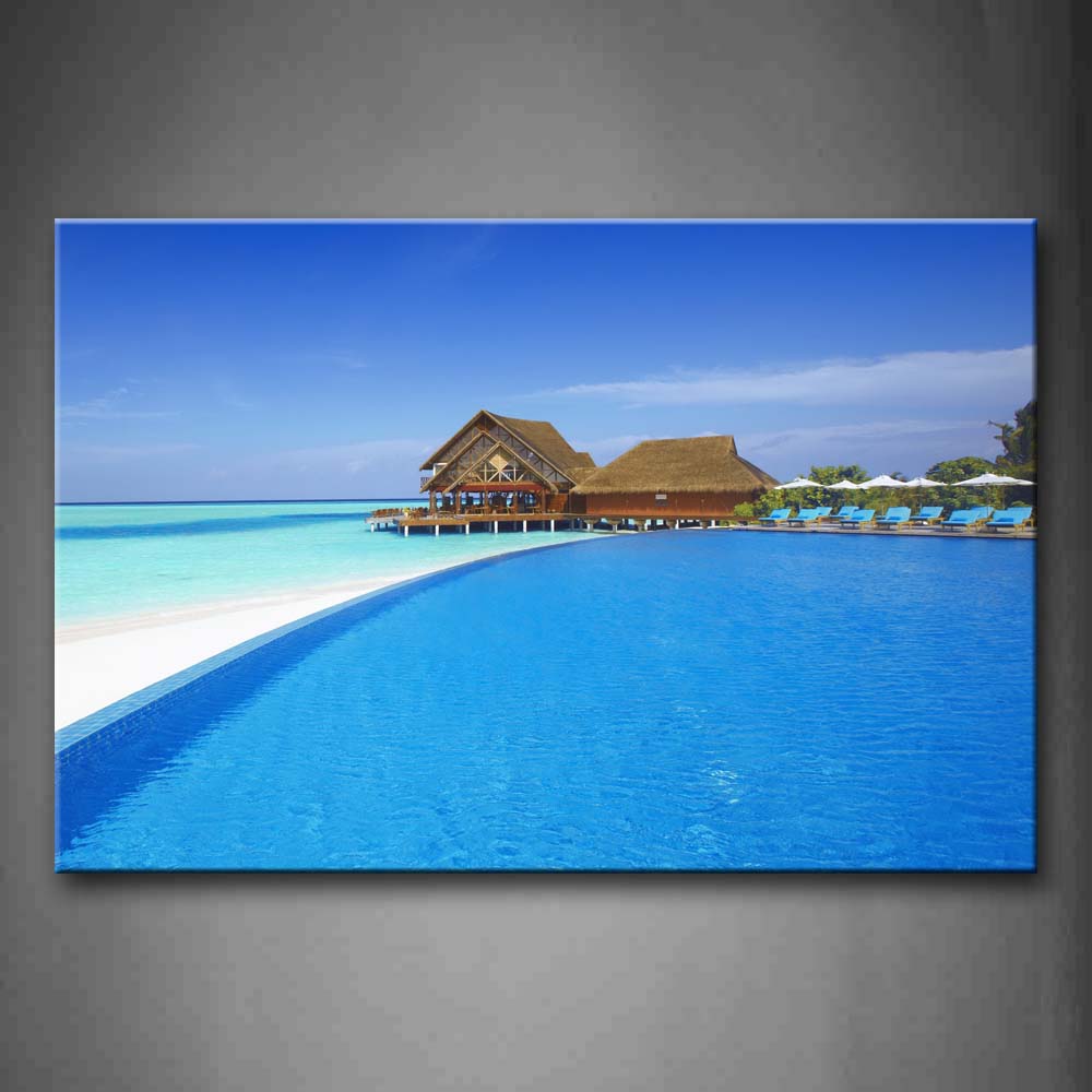 Blue Log Cabins In The Distant Of The Clear Pool Wall Art Painting Pictures Print On Canvas Seascape The Picture For Home Modern Decoration 