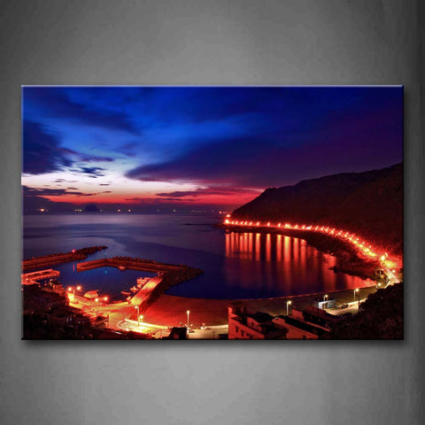 Lights In Red On The Coastline And Quiet Lake At Night Wall Art Painting Pictures Print On Canvas City The Picture For Home Modern Decoration 