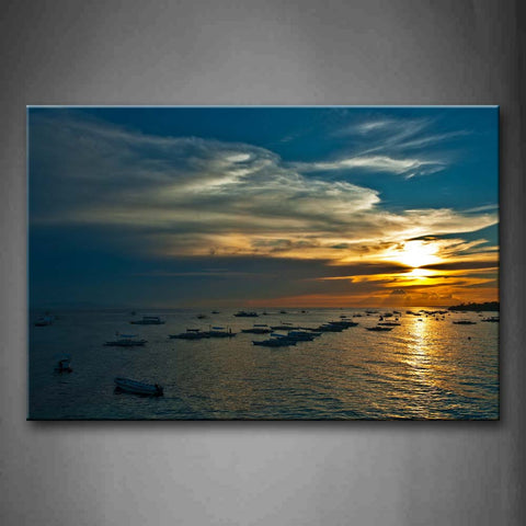 Pretty Sunset And Lots Of Boats Over Water Wall Art Painting The Picture Print On Canvas Seascape Pictures For Home Decor Decoration Gift 