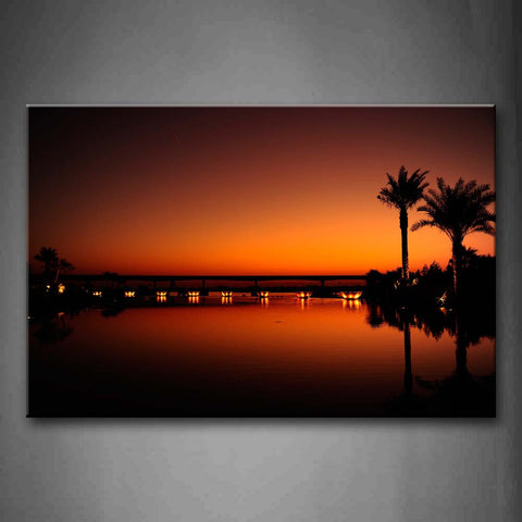Sunset Sky Lights On Bridge And Trees Near Lake Wall Art Painting Pictures Print On Canvas Seascape The Picture For Home Modern Decoration 