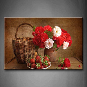 Strawberries In Palte Flowers In Vase Wall Art Painting Pictures Print On Canvas Flower The Picture For Home Modern Decoration 