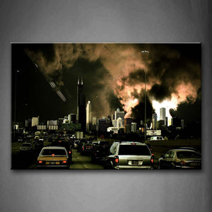 Big Fire In Buildings Car In Road  Wall Art Painting Pictures Print On Canvas City The Picture For Home Modern Decoration 