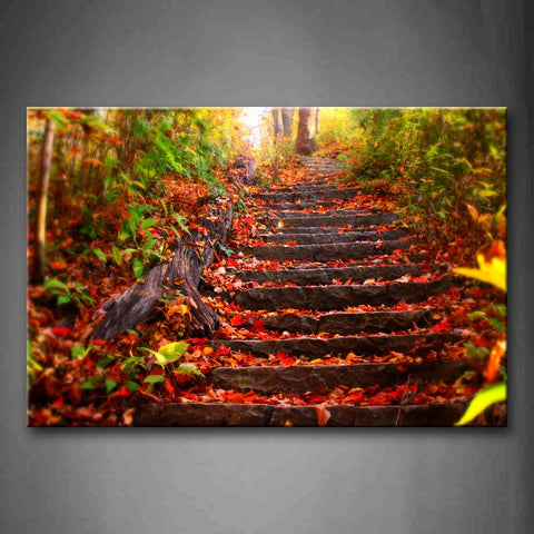 Stairs With Red Fallen Leaves  Wall Art Painting The Picture Print On Canvas Art Pictures For Home Decor Decoration Gift 