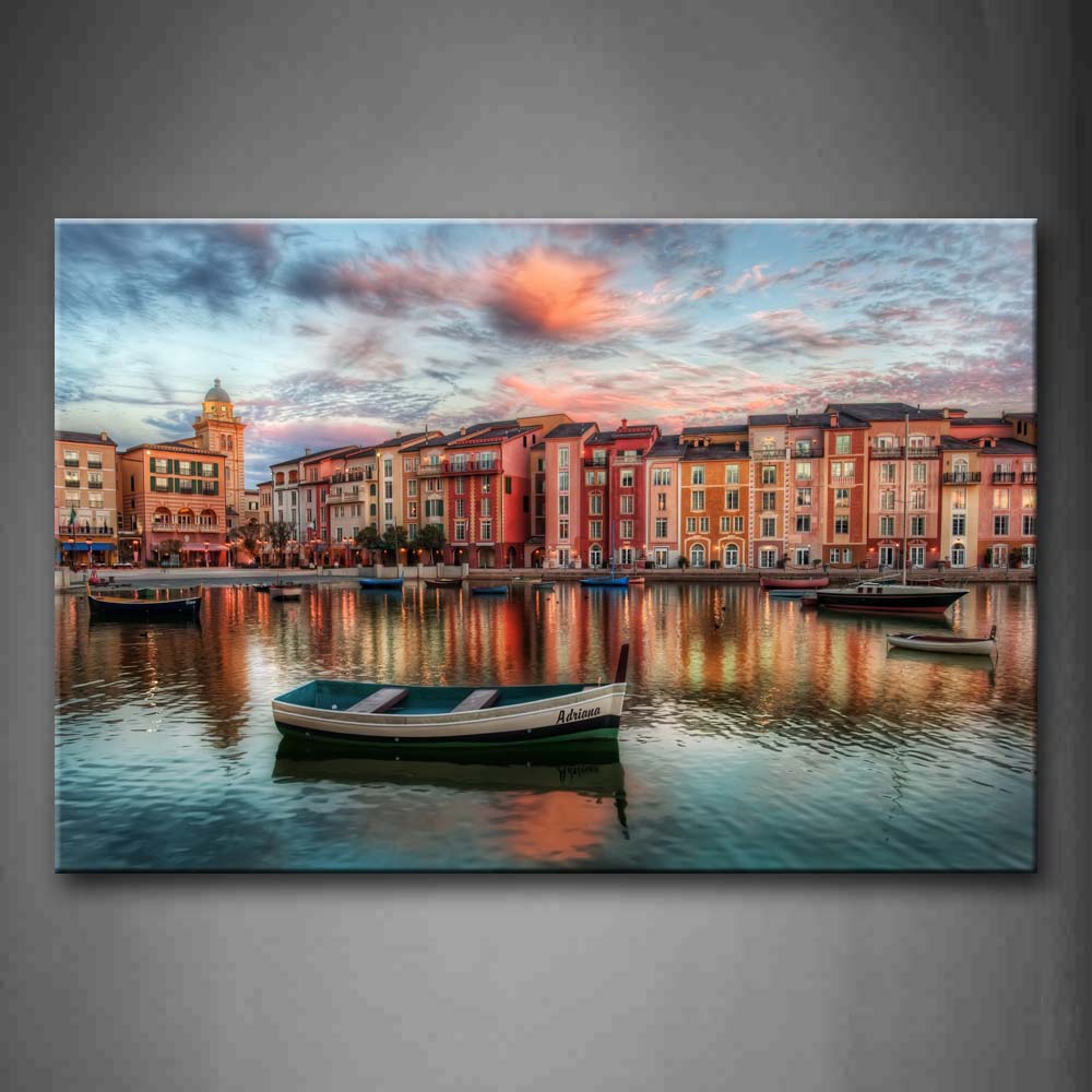 Houses In River Bank And Boat On River  Wall Art Painting The Picture Print On Canvas City Pictures For Home Decor Decoration Gift 