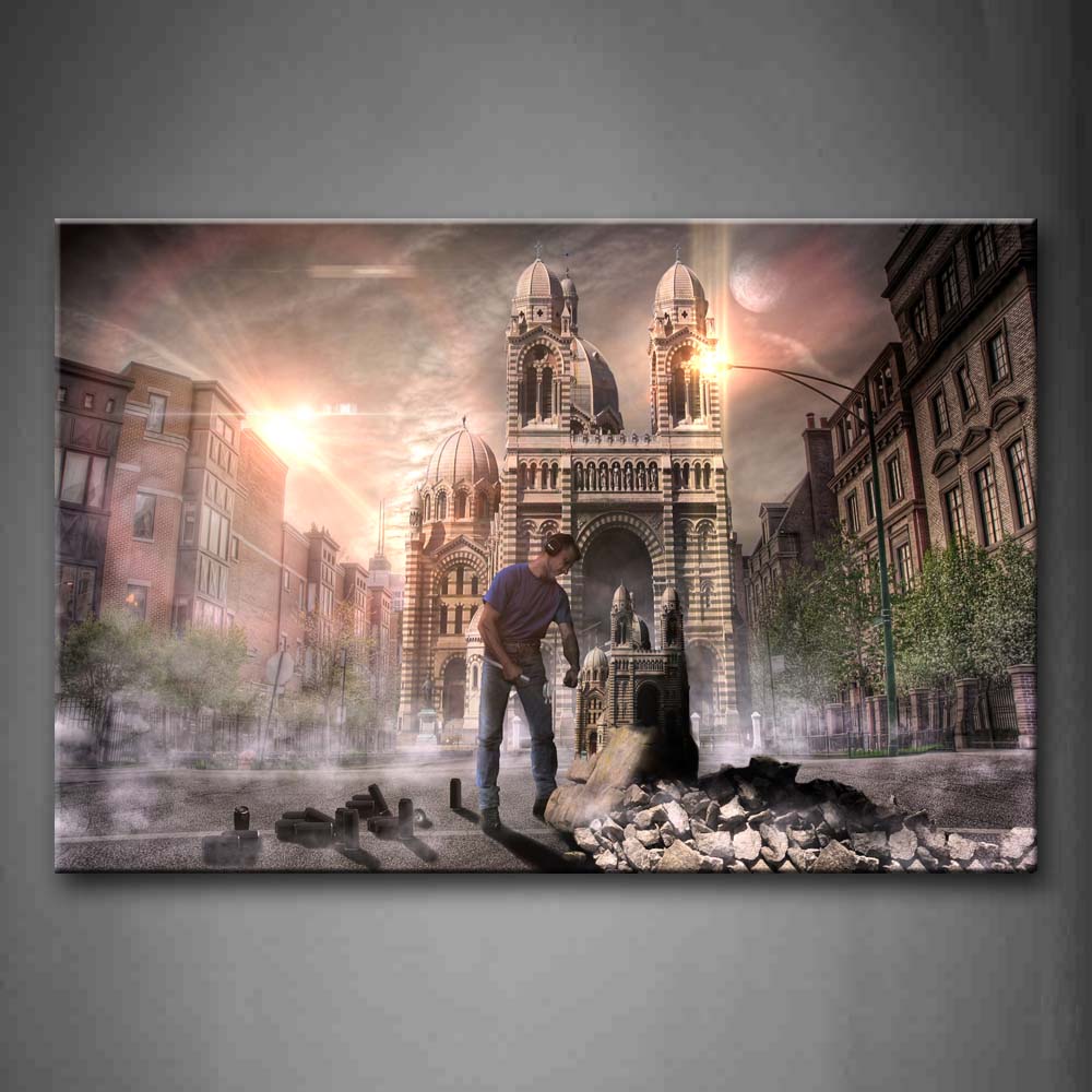 Man And Old Fashion Building  Wall Art Painting The Picture Print On Canvas City Pictures For Home Decor Decoration Gift 