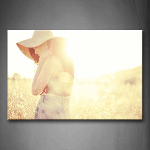 Women Wear Hat Stand On Grass  Wall Art Painting Pictures Print On Canvas Art The Picture For Home Modern Decoration 